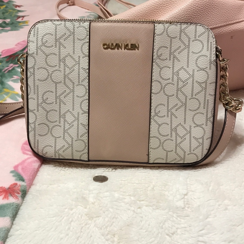 Calvin Klein Monogram Crossbody Bag in Cream and Tan